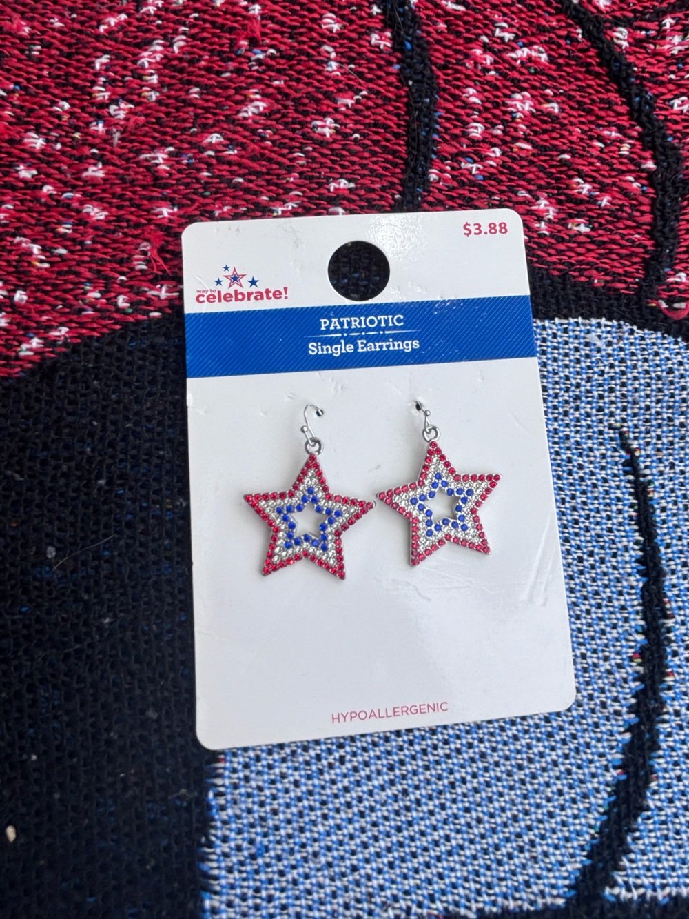 RHINESTONE RED WHITE BLUE PATRIOTIC STAR EARRINGS